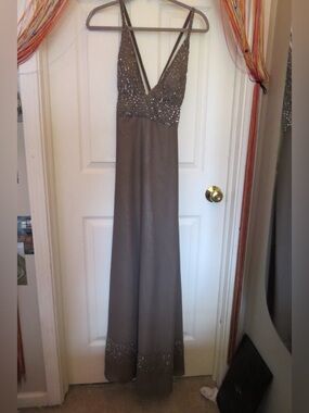Y2K VINTAGE SCALA PROM FORMAL DRESS - Beaded Deep V-Neck Evening Gown in Taupe
